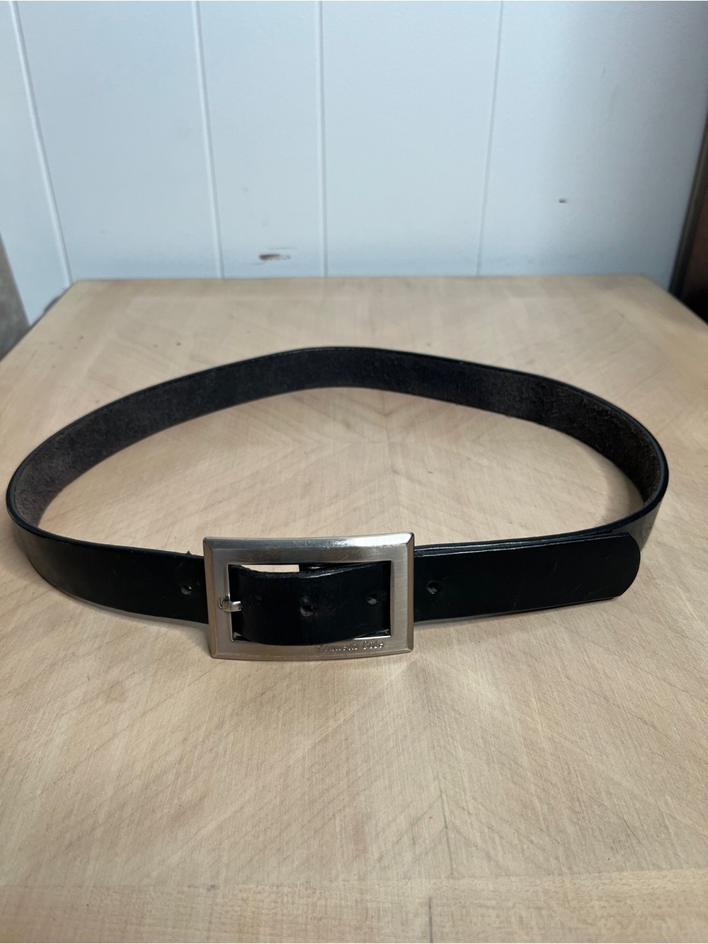 Kenneth Cole Black Leather Belt with Large Rectangular Silver Buckle Size 34 - Picture 2 of 9